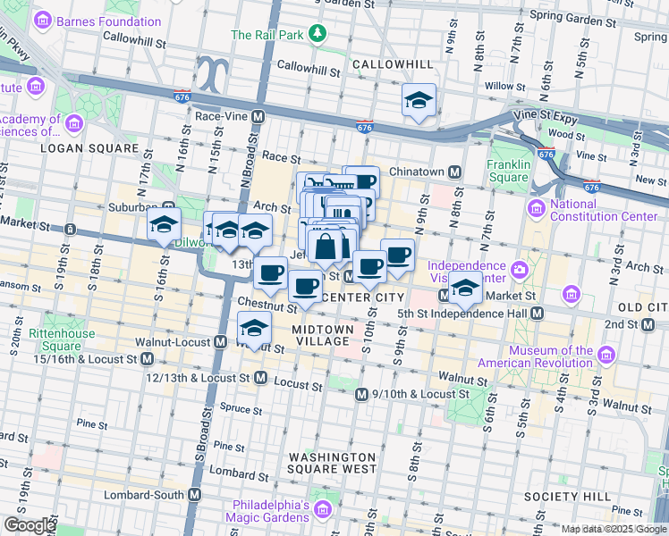 map of restaurants, bars, coffee shops, grocery stores, and more near 51 North 12th Street in Philadelphia