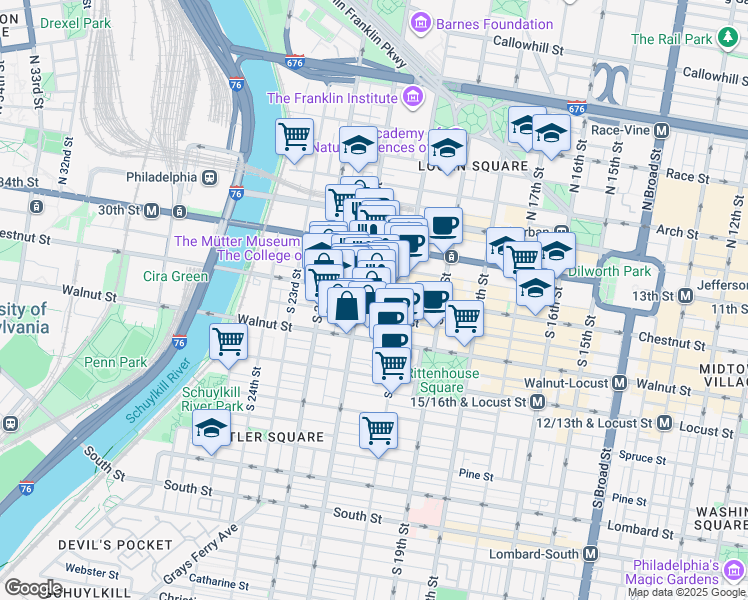 map of restaurants, bars, coffee shops, grocery stores, and more near in Philadelphia
