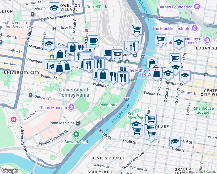 map of restaurants, bars, coffee shops, grocery stores, and more near 3025 Walnut Street in Philadelphia