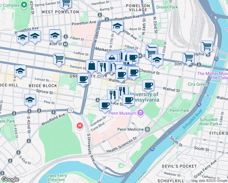 map of restaurants, bars, coffee shops, grocery stores, and more near 3539 Locust Walk in Philadelphia