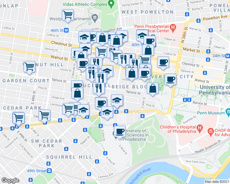 map of restaurants, bars, coffee shops, grocery stores, and more near in Philadelphia