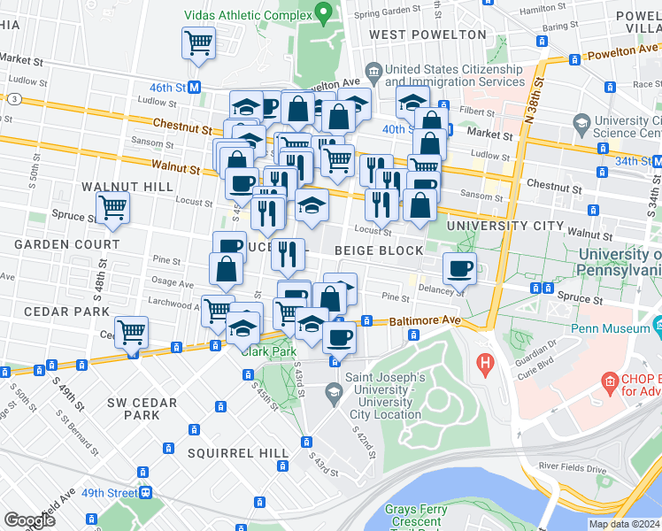 map of restaurants, bars, coffee shops, grocery stores, and more near in Philadelphia