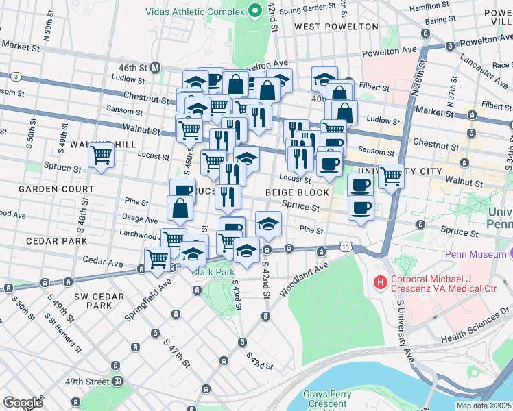 map of restaurants, bars, coffee shops, grocery stores, and more near in Philadelphia