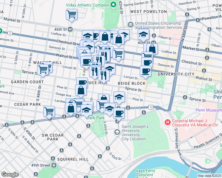 map of restaurants, bars, coffee shops, grocery stores, and more near 4222 Spruce Street in Philadelphia