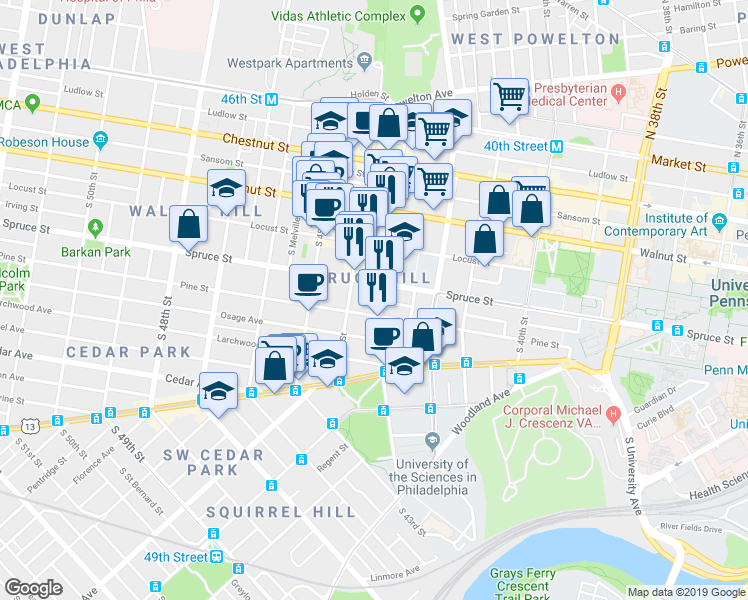map of restaurants, bars, coffee shops, grocery stores, and more near in Philadelphia