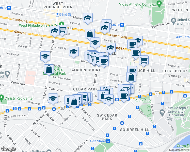map of restaurants, bars, coffee shops, grocery stores, and more near 4800 Pine Street in Philadelphia