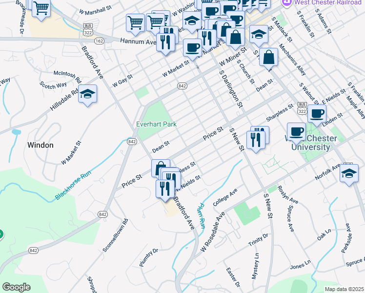 map of restaurants, bars, coffee shops, grocery stores, and more near 446 Cherry Alley in West Chester