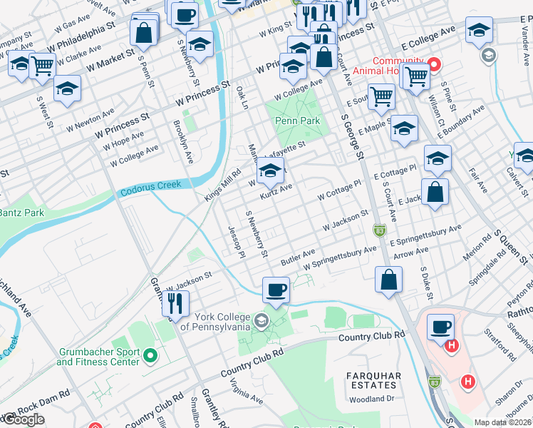 map of restaurants, bars, coffee shops, grocery stores, and more near 256 Kurtz Avenue in York