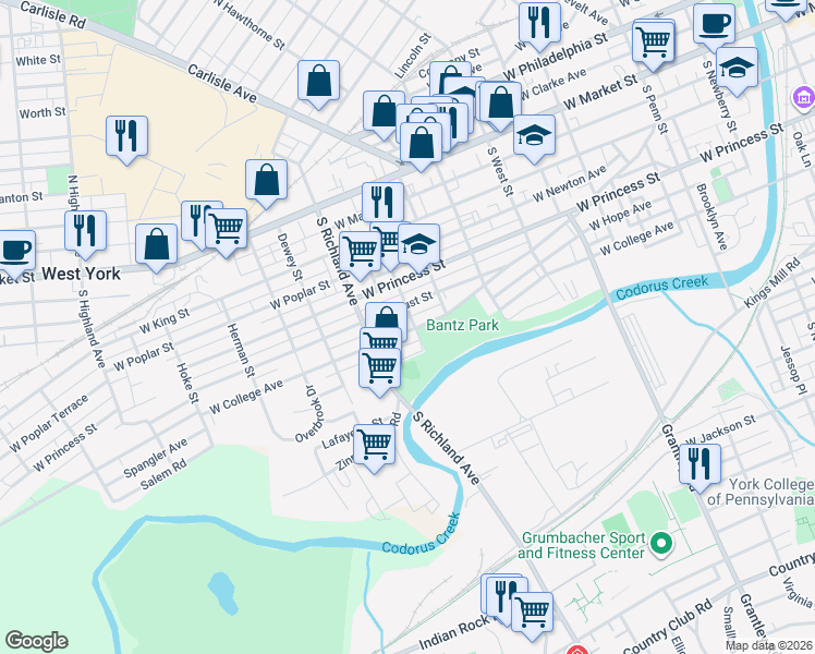 map of restaurants, bars, coffee shops, grocery stores, and more near 836 West Locust Street in York