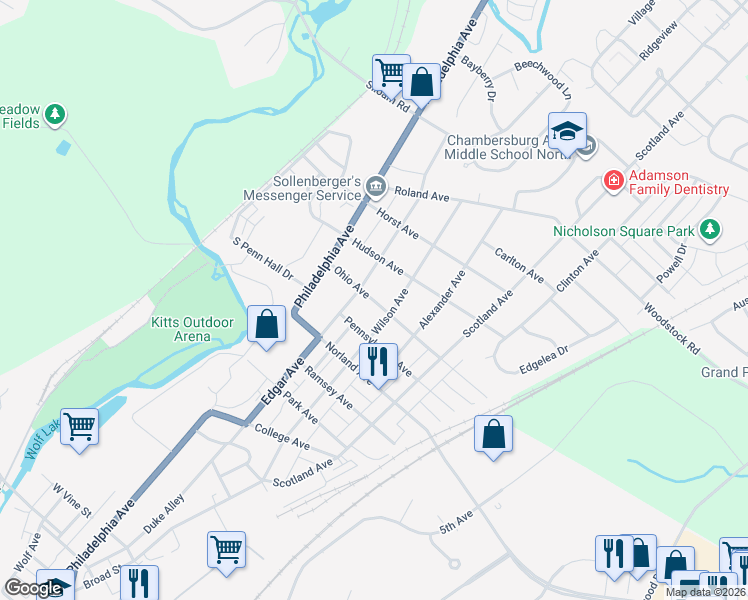 map of restaurants, bars, coffee shops, grocery stores, and more near 1534 Edgar Avenue in Chambersburg