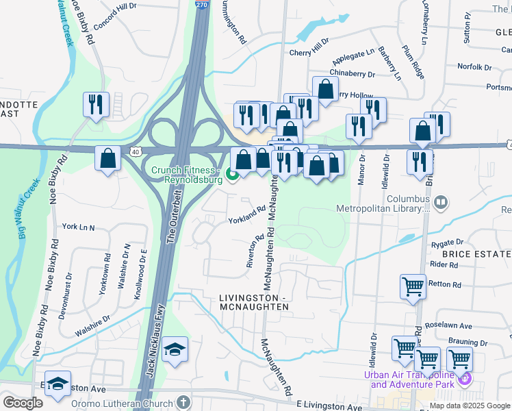 map of restaurants, bars, coffee shops, grocery stores, and more near 1315 McNaughten Road in Columbus