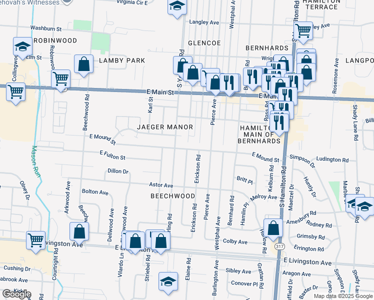 map of restaurants, bars, coffee shops, grocery stores, and more near Elaine Road in Columbus
