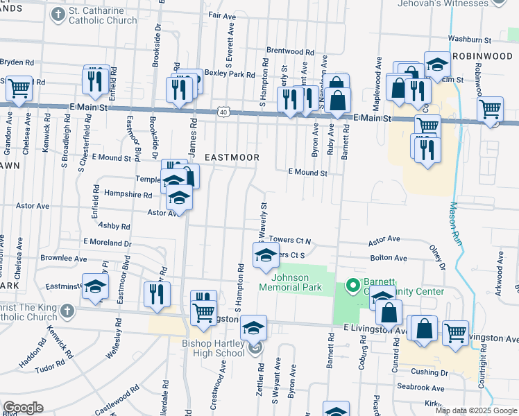map of restaurants, bars, coffee shops, grocery stores, and more near 3251 East Fulton Street in Columbus