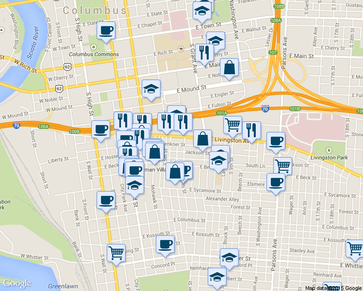 map of restaurants, bars, coffee shops, grocery stores, and more near in Columbus
