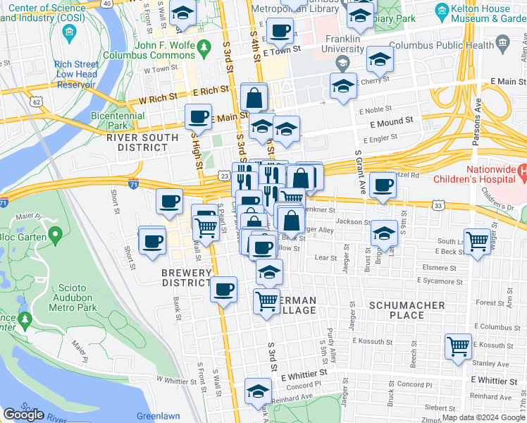 map of restaurants, bars, coffee shops, grocery stores, and more near 133 East Livingston Avenue in Columbus