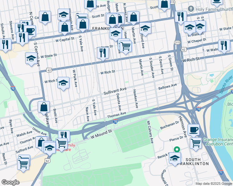 map of restaurants, bars, coffee shops, grocery stores, and more near 312 Dakota Avenue in Columbus