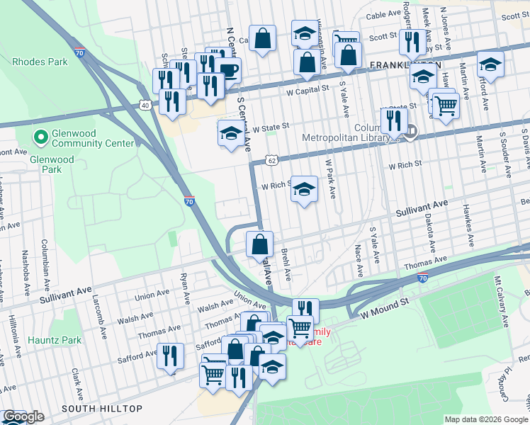 map of restaurants, bars, coffee shops, grocery stores, and more near 260 South Central Avenue in Columbus