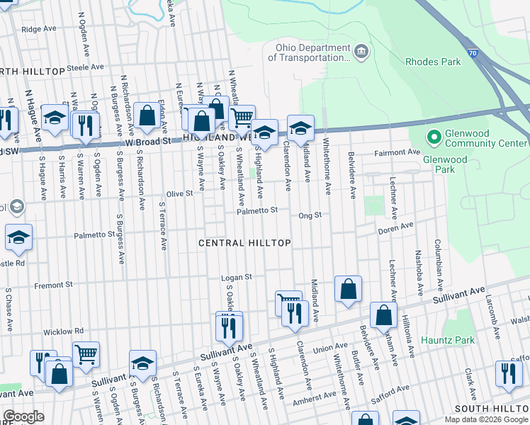 map of restaurants, bars, coffee shops, grocery stores, and more near 143 South Highland Avenue in Columbus