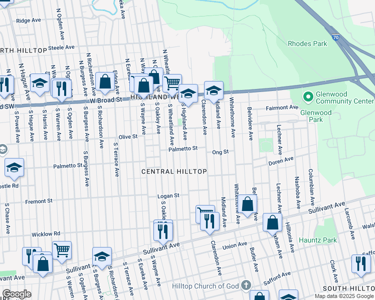 map of restaurants, bars, coffee shops, grocery stores, and more near 143 South Highland Avenue in Columbus