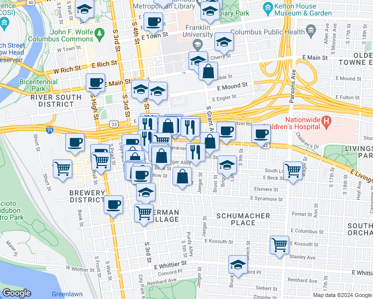 map of restaurants, bars, coffee shops, grocery stores, and more near 267 East Blenkner Street in Columbus