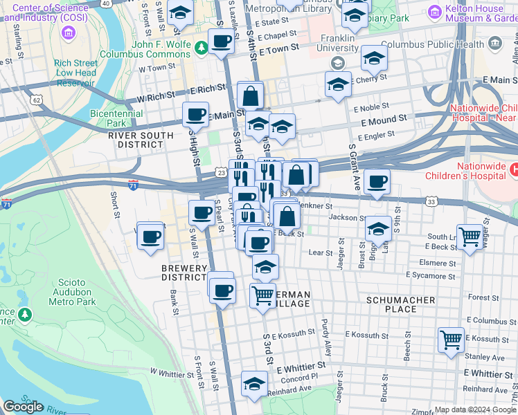map of restaurants, bars, coffee shops, grocery stores, and more near 513 South Lazelle Street in Columbus
