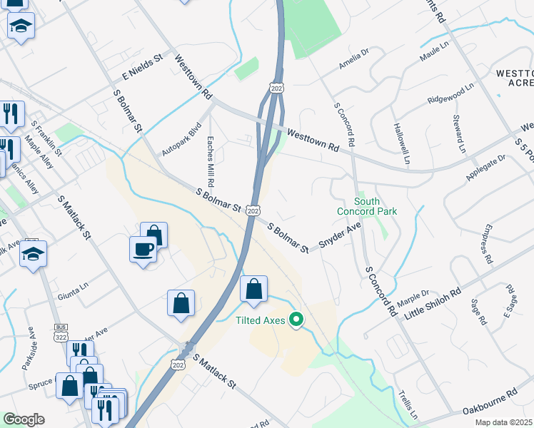 map of restaurants, bars, coffee shops, grocery stores, and more near 901 South Bolmar Street in West Chester