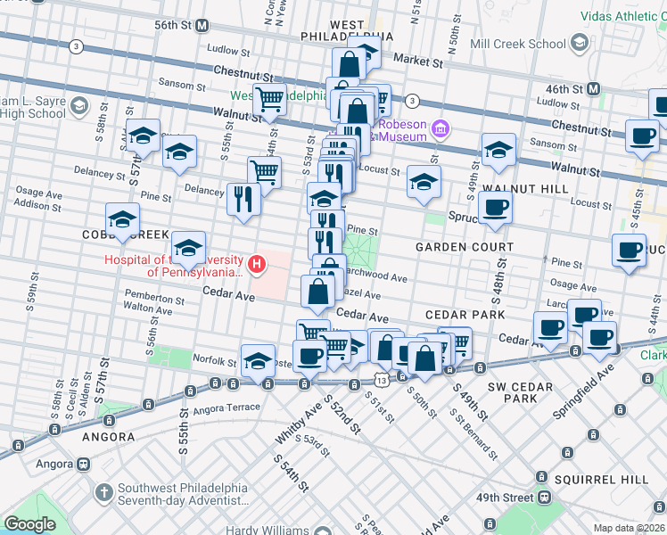 map of restaurants, bars, coffee shops, grocery stores, and more near S 52nd St & Larchwood Ave in Philadelphia