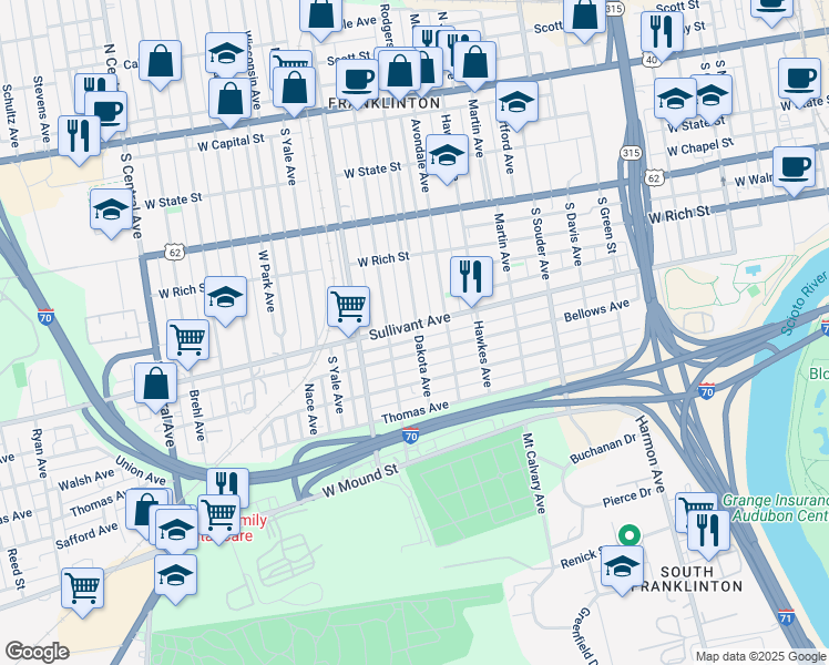 map of restaurants, bars, coffee shops, grocery stores, and more near 312 Dakota Avenue in Columbus