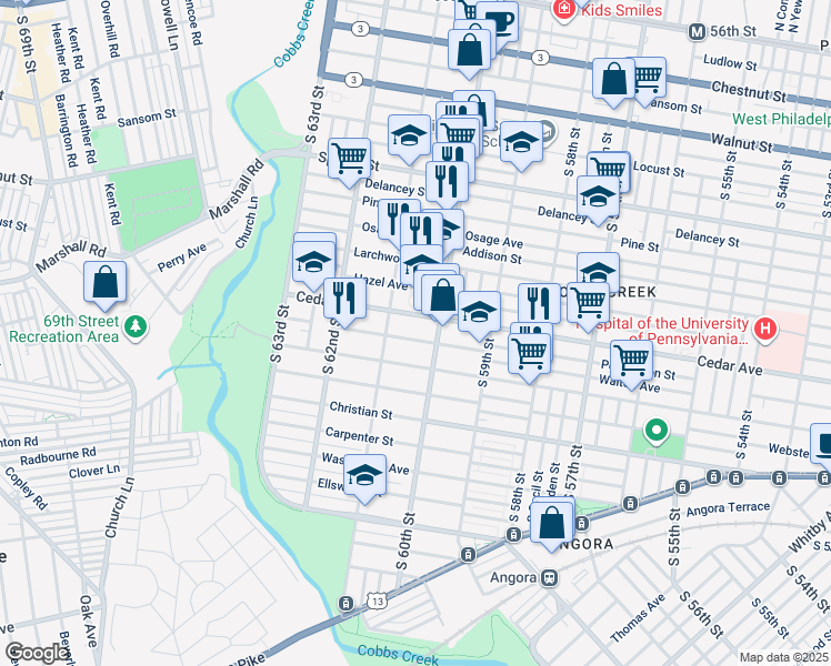 map of restaurants, bars, coffee shops, grocery stores, and more near 6027 Walton Avenue in Philadelphia