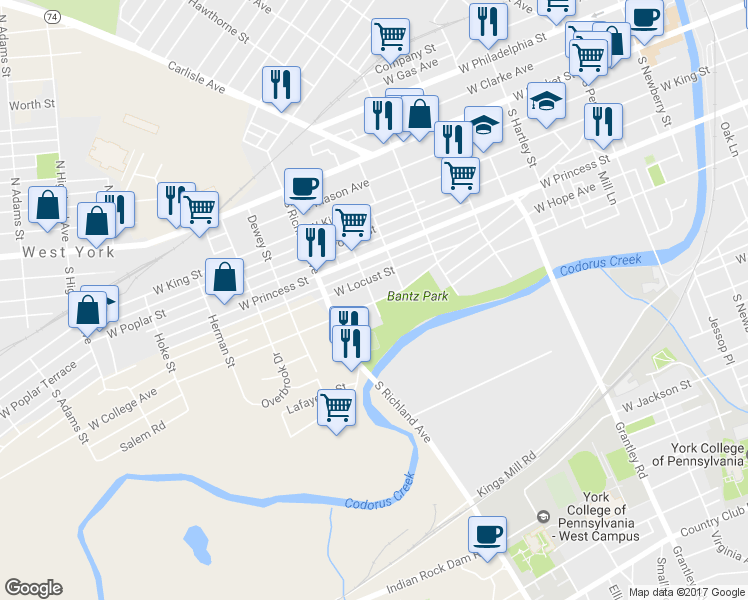 map of restaurants, bars, coffee shops, grocery stores, and more near 295 South Sheridan Street in York