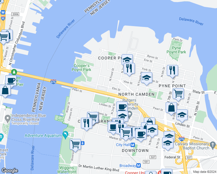 map of restaurants, bars, coffee shops, grocery stores, and more near Elm St & N Front St in Camden