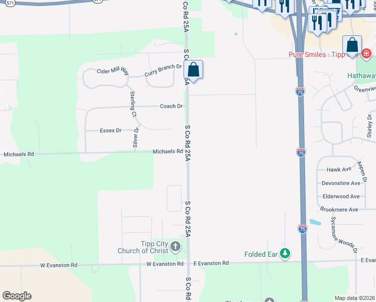 map of restaurants, bars, coffee shops, grocery stores, and more near 6001 South Co Road 25A in Tipp City