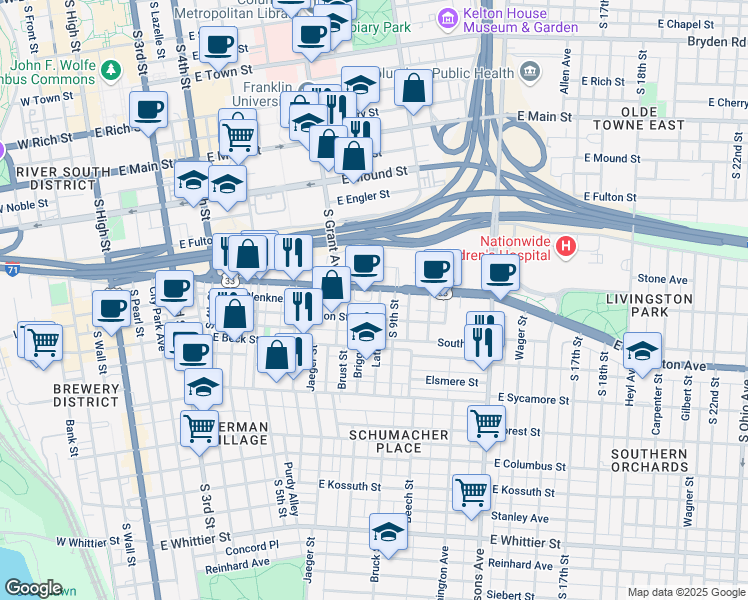 map of restaurants, bars, coffee shops, grocery stores, and more near 407 East Livingston Avenue in Columbus