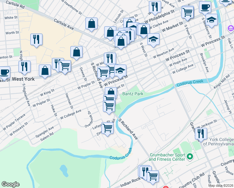 map of restaurants, bars, coffee shops, grocery stores, and more near 836 West Locust Street in York