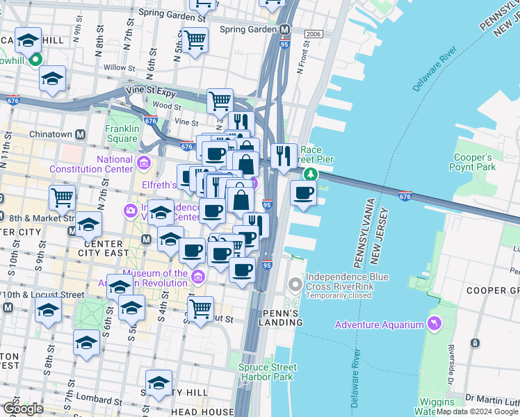 map of restaurants, bars, coffee shops, grocery stores, and more near 101-11 Arch Street in Philadelphia