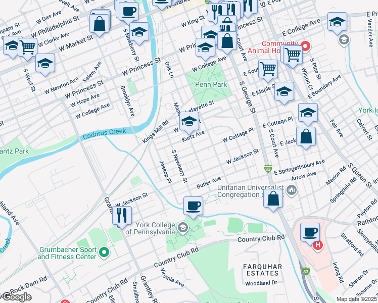 map of restaurants, bars, coffee shops, grocery stores, and more near 261 West Cottage Place in York