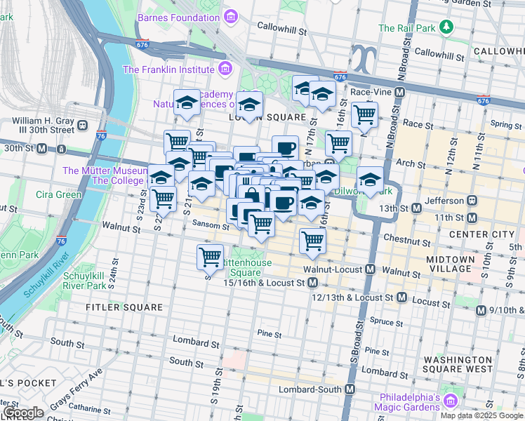map of restaurants, bars, coffee shops, grocery stores, and more near 1811 Chestnut Street in Philadelphia