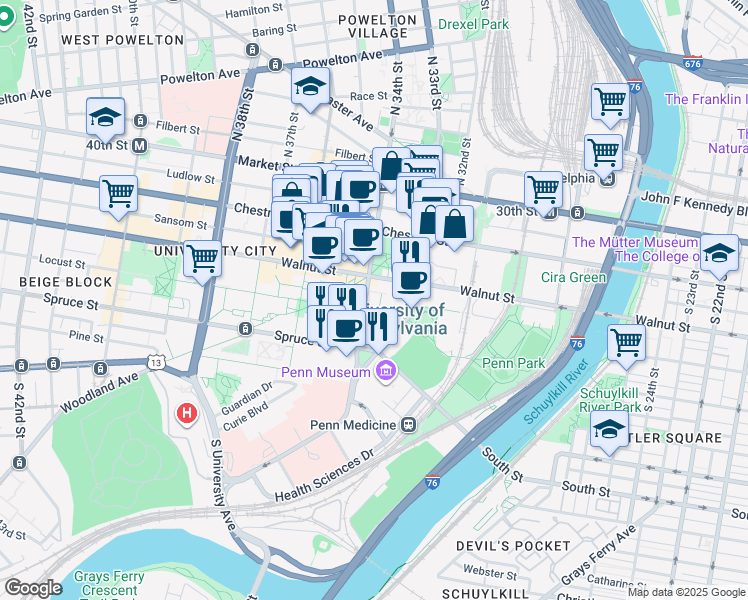 map of restaurants, bars, coffee shops, grocery stores, and more near 3328 Walnut Street in Philadelphia