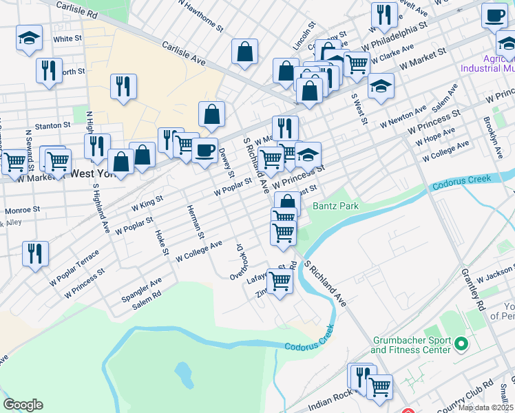 map of restaurants, bars, coffee shops, grocery stores, and more near 1023 West Locust Street in West York