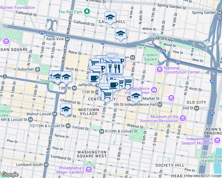 map of restaurants, bars, coffee shops, grocery stores, and more near 917 Filbert Street in Philadelphia