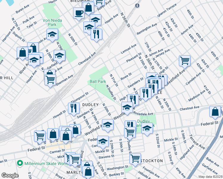 map of restaurants, bars, coffee shops, grocery stores, and more near 404 North Dudley Street in Camden