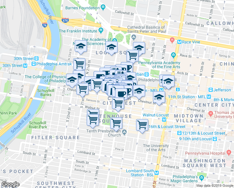 map of restaurants, bars, coffee shops, grocery stores, and more near 1822 Ludlow Street in Philadelphia