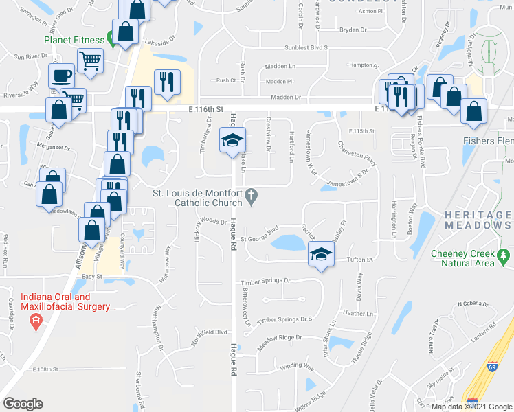 map of restaurants, bars, coffee shops, grocery stores, and more near 11441 Hague Road in Fishers