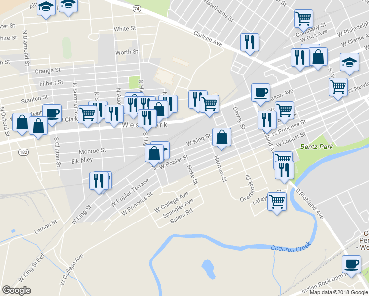 map of restaurants, bars, coffee shops, grocery stores, and more near 1298 West King Street in York