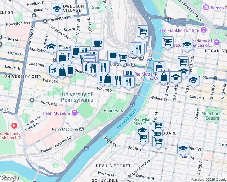 map of restaurants, bars, coffee shops, grocery stores, and more near 3102 Walnut Street in Philadelphia