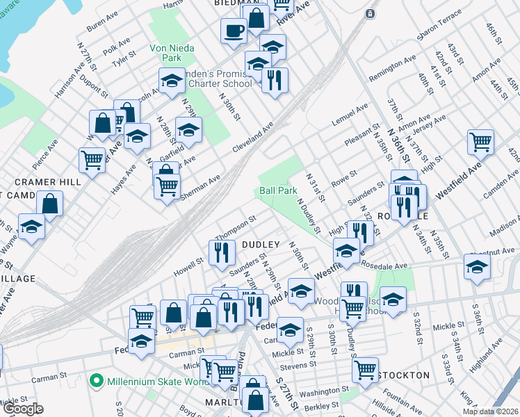 map of restaurants, bars, coffee shops, grocery stores, and more near 2937 Thompson Street in Camden