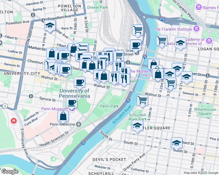 map of restaurants, bars, coffee shops, grocery stores, and more near 3102 Walnut Street in Philadelphia