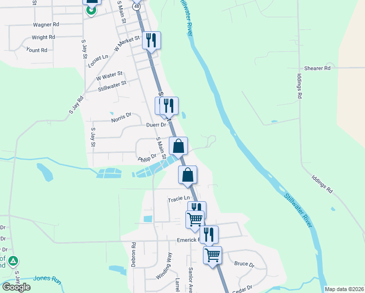 map of restaurants, bars, coffee shops, grocery stores, and more near 724 South Miami Street in West Milton