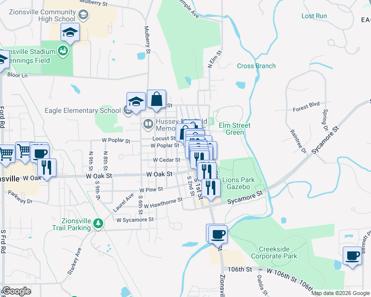 map of restaurants, bars, coffee shops, grocery stores, and more near 280 West Poplar Street in Zionsville