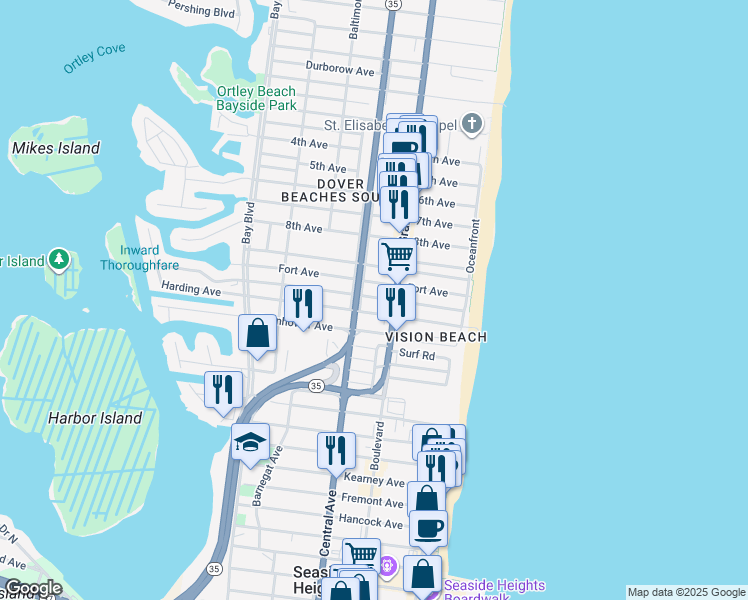 map of restaurants, bars, coffee shops, grocery stores, and more near 117 Fort Avenue in Seaside Heights